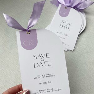 Save the date with a lilac ribbon