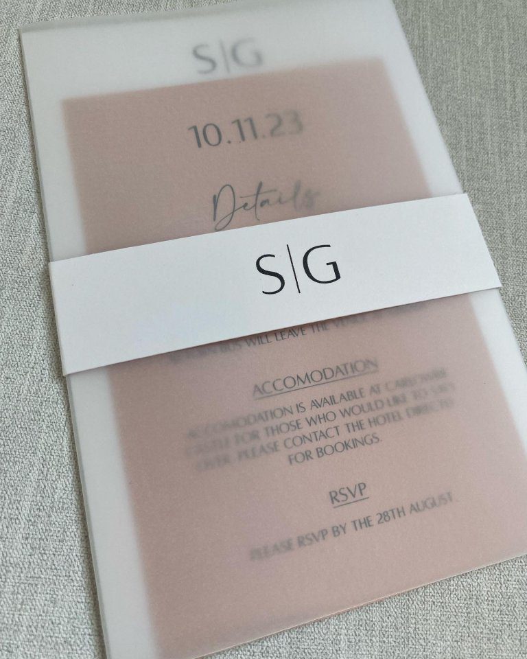 Pink wedding invite with belly band